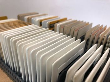 Close-up of floppy discs in row