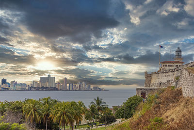 Panoramic view of buildings and sea against sky