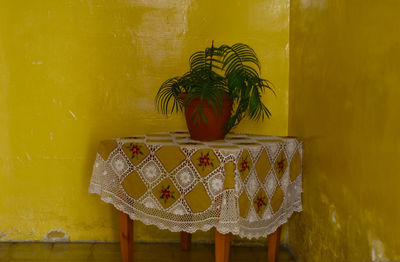 Close-up of yellow potted plant on table