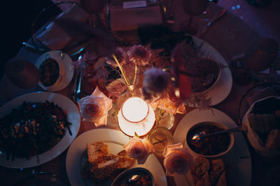 High angle view of meal served on table at restaurant