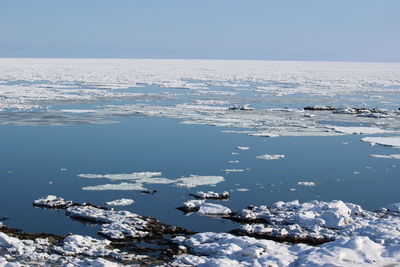 Scenic view of sea against clear sky during winter