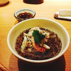 High angle view of soup in bowl on table