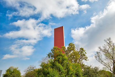 Low angle view of red building against sky