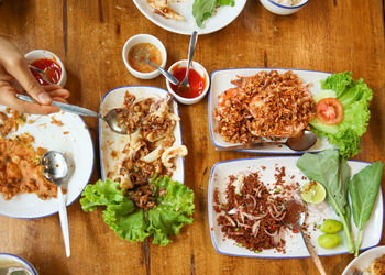 High angle view of food served on table