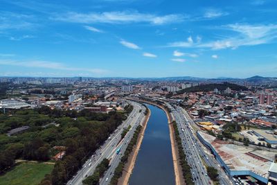 High angle view of road amidst buildings in city