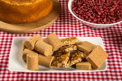 High angle view of breakfast in plate on table