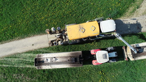 High angle view of vintage car on field