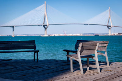 Chairs and tables on beach against clear blue sky