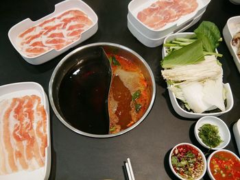 High angle view of meal served on table