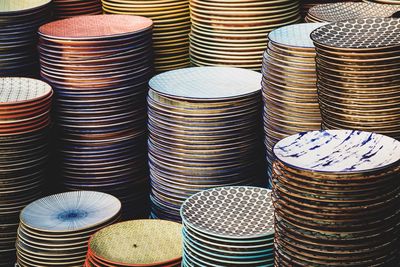 Full frame shot of stacked plates for sale at market stall