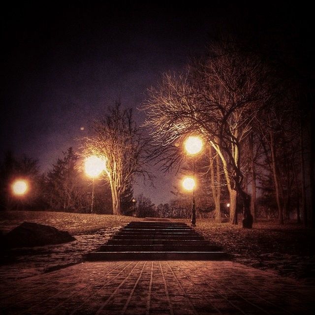 illuminated, night, the way forward, street light, tree, lighting equipment, diminishing perspective, street, road, transportation, vanishing point, clear sky, bare tree, empty road, sky, empty, outdoors, dark, silhouette, long