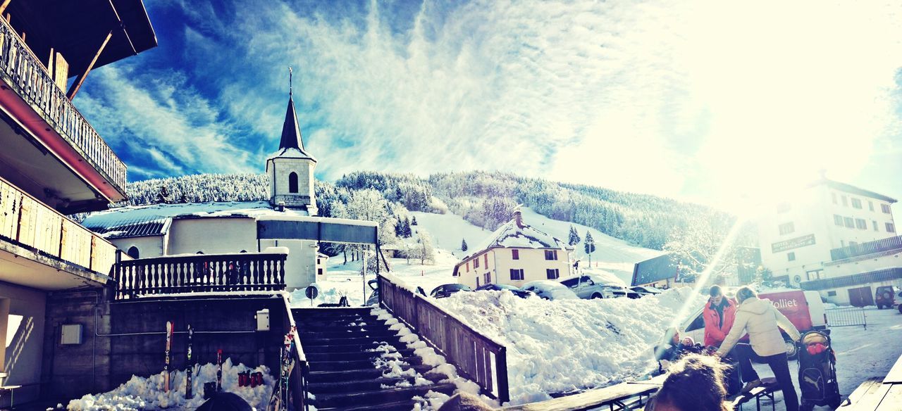 building exterior, built structure, architecture, snow, winter, cold temperature, mountain, sky, house, spirituality, place of worship, religion, weather, church, roof, sunlight, panoramic, residential structure, travel destinations