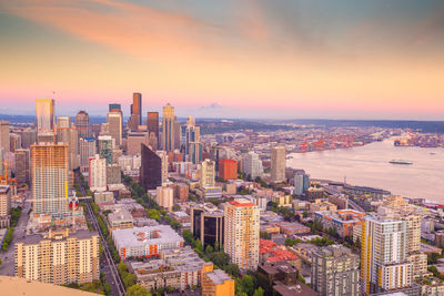 High angle view of city buildings during sunset