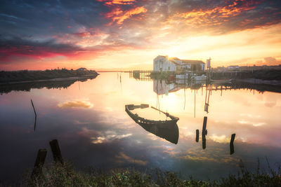 Scenic view of lake against sky during sunset