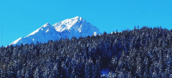 Low angle view of snowcapped mountains against clear blue sky