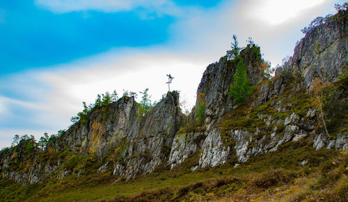 Low angle view of rocks against sky