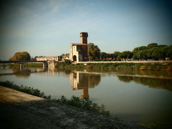 Scenic view of lake by building against sky