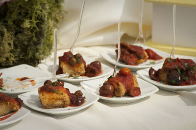 High angle view of food served in plate on table