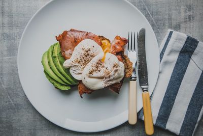 High angle view of breakfast served in plate