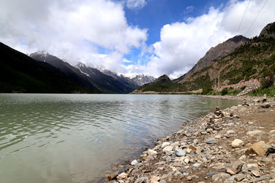 Scenic view of lake and mountains against sky