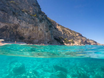 Scenic view of sea against clear blue sky