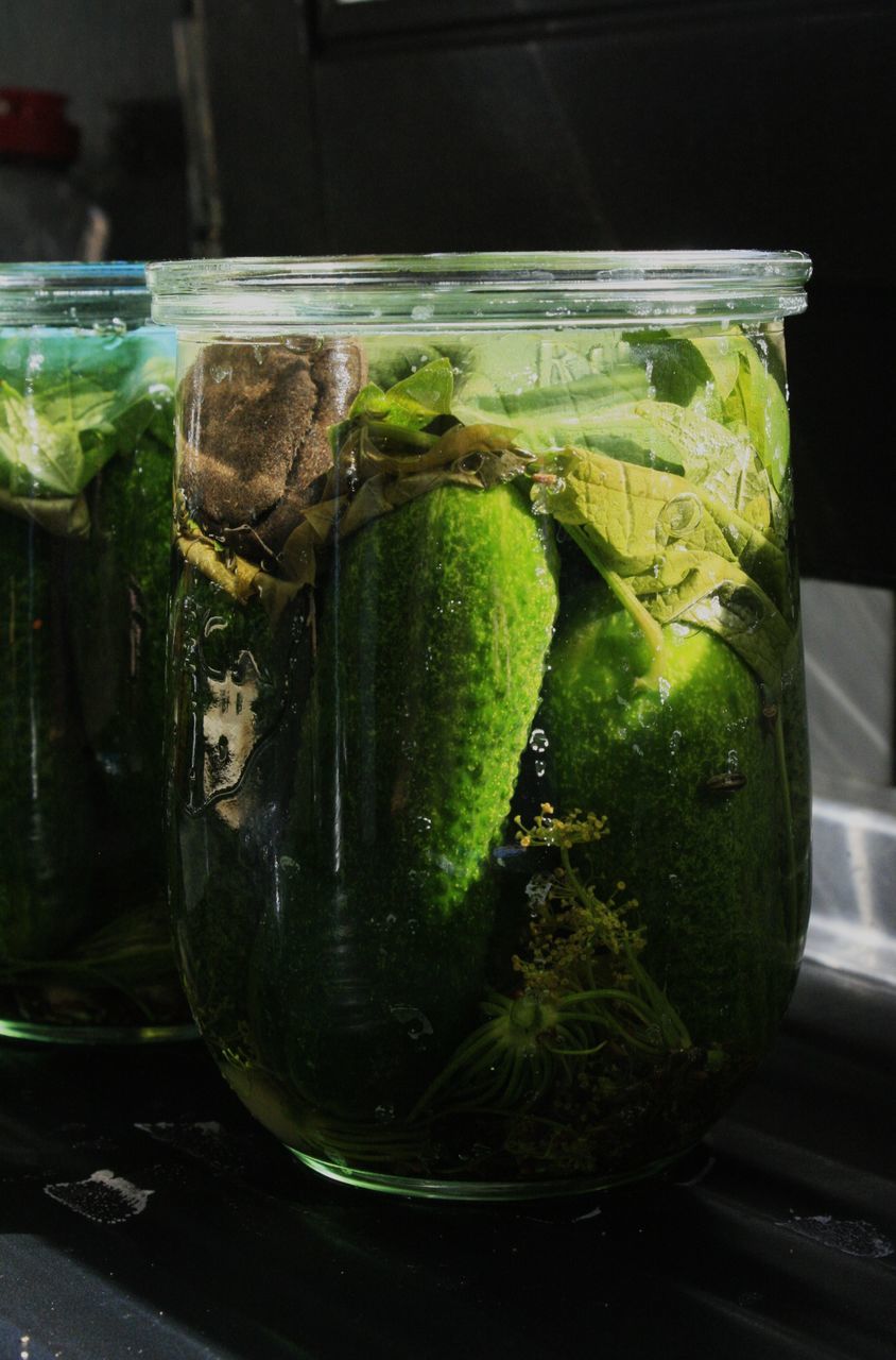 green, food and drink, food, healthy eating, vegetable, freshness, wellbeing, jar, container, glass, indoors, preserved food, no people, pickling, fruit, drink, cucumber, produce, still life, plant, close-up, yellow, herb
