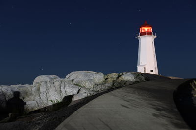 Lighthouse by rocks against sky at night