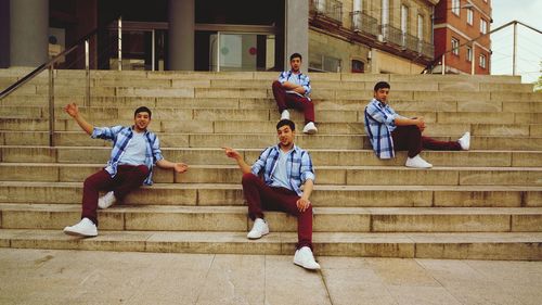 Multiple image of man sitting on steps