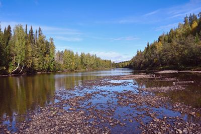 Scenic shot of calm countryside lake against blue sky