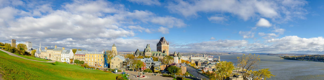 Panoramic view of buildings and city against sky