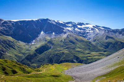 Scenic view of snowcapped mountains against clear sky