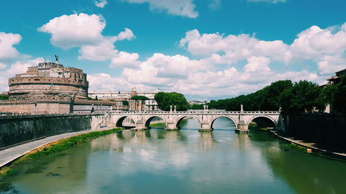 Bridge over river with city in background