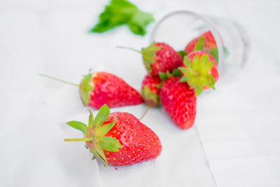 High angle view of strawberries on table against white background