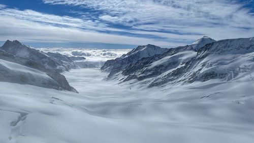 Scenic view of snowcapped mountains against sky