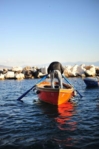 Rear view of woman on sea against clear sky