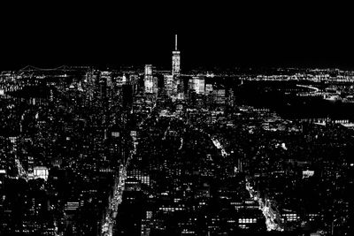 High angle view of illuminated buildings at night