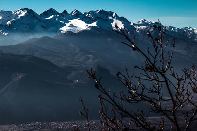 Scenic view of snowcapped mountains against sky