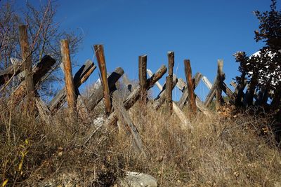 Fence on landscape against clear sky