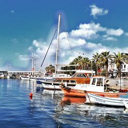 Boats moored at harbor against sky