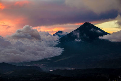 Scenic view of mountains against sky during sunset