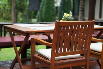 Empty chairs and table in restaurant