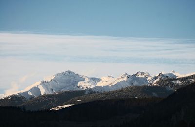 Scenic view of snow covered mountains against sky