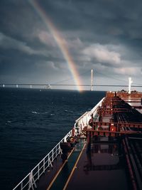 Scenic view of rainbow over sea against sky