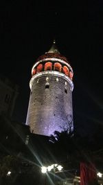 Low angle view of illuminated building against sky at night