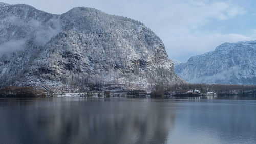 Scenic view of lake by snowcapped mountains against sky