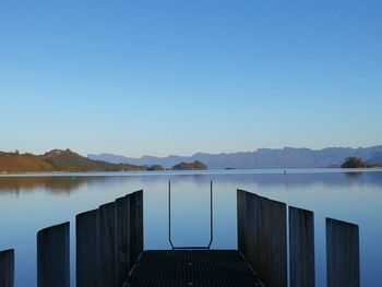 Scenic view of lake against clear blue sky