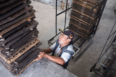 High angle view of man working