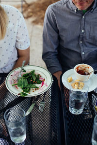 High angle view of food served on table