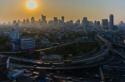 City skyline at sunset