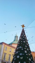 Low angle view of birds on tree against clear sky